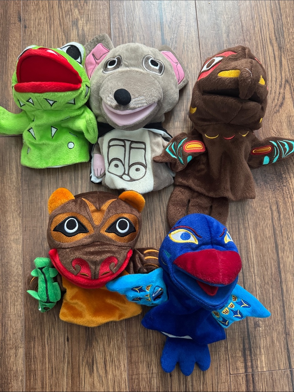 5x Plush Hand Puppet Lot Native Northwest Indigenous Art Bear Raven Eagle Frog